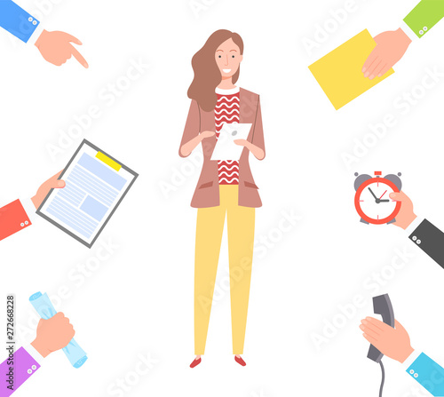 Lady at work vector, woman with working task writing down info from partners and coworkers, hands with telephone and time clock, notepad isolated