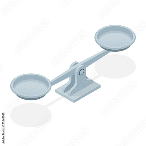 Isometric balance scales isolated on white background. Symbol of law and justice.