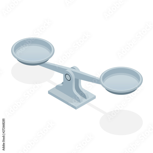 Isometric balance scales isolated on white background. Symbol of law and justice.