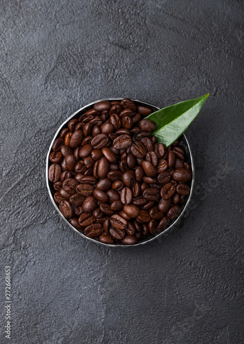 Fresh raw organic coffee beans in steel bowl with coffee trea leaf on black background.