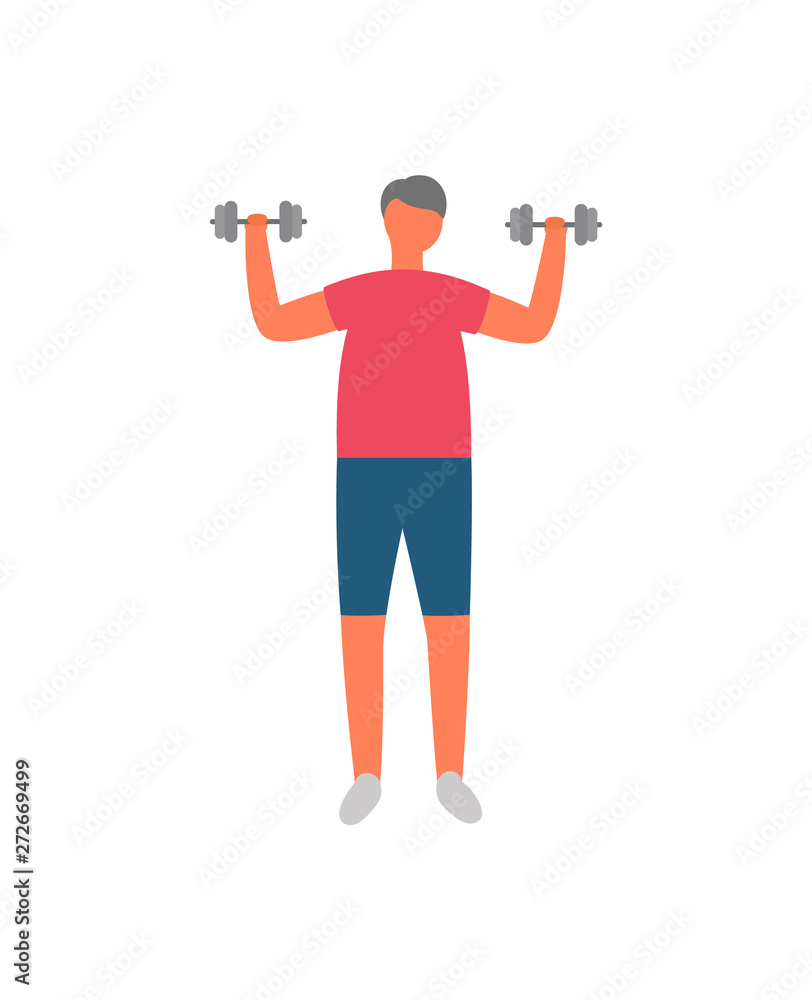 Morning exercise and sport, man with dumbbells vector. Weight lifting, fitness training, sporting equipment and healthy lifestyle, isolated male character Morning exercise and sport, man with dumbbells vector. Weight lifting, fitness training, sporting equipment and healthy lifestyle, isolated male character