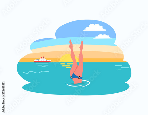 Woman diving legs up, dive in bikini suit at sunset, ship or yacht on background. Vector girl legs in trunks, snorkeling lady in water at summer resort