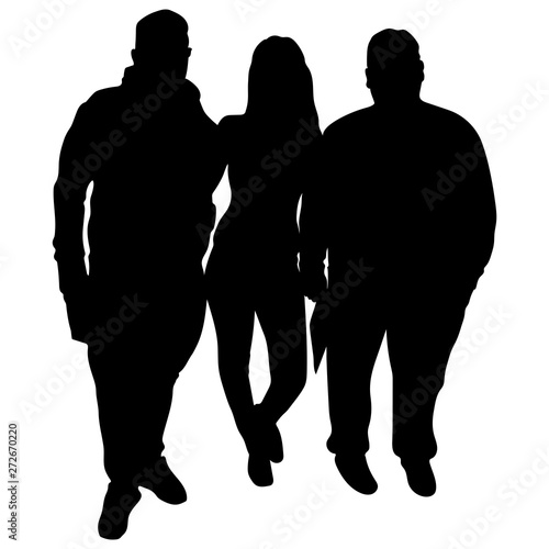 Vector silhouettes of two full men next to a slim girl.