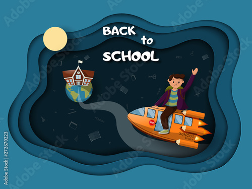 A child flies to school on a school bus among the supplies. Back to school. Vector illustration.