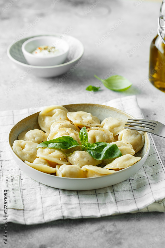 Meat dumplings - russian pelmeni, ravioli with meat on a white plate Meat dumplings - russian pelmeni, ravioli with meat on a white plate