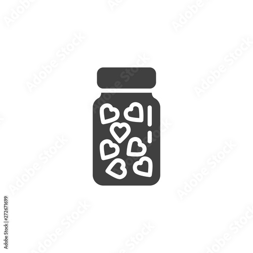 Heart medicine bottle vector icon. filled flat sign for mobile concept and web design. Love pill tablets glyph icon. Symbol, logo illustration. Vector graphics