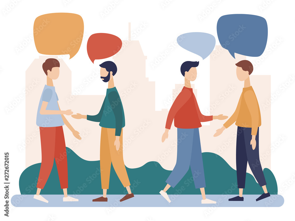 Fototapeta premium Men talking. People discuss social network, news, social networks, chat, dialogue speech bubbles. Flat cartoon style. Vector illustration