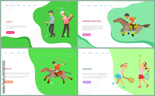 People in sportswear playing golf  tennis and polo  horse racing. Sport activity  male and female character training  championship or hobby vector. Website or webpage template  landing page flat style