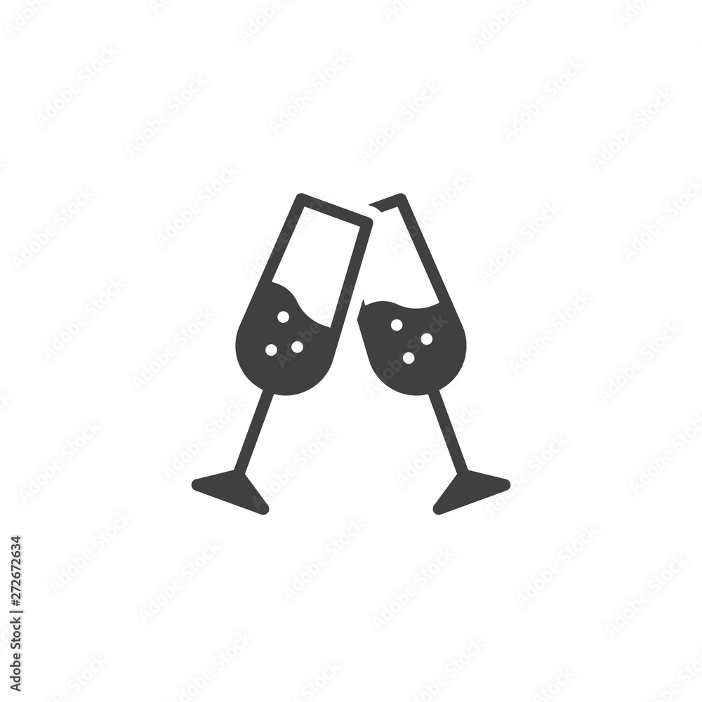 Cheers champagne glasses vector icon. filled flat sign for mobile concept and web design. Two glasses toasting glyph icon. Symbol, logo illustration. Vector graphics