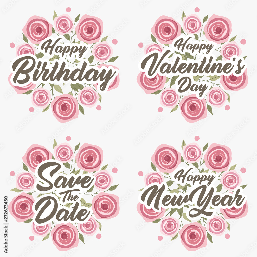 Greeting card template for happy birthday valentine's day and happy new year with flower wreath.