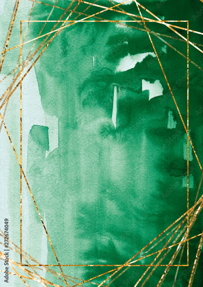 Emerald watercolor card template with golden frame Green paint stain Emerald watercolor card template with golden frame Green paint stain