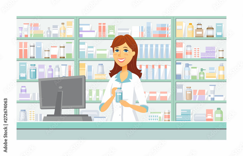 Pharmacy - modern vector cartoon people characters illustration Pharmacy - modern vector cartoon people characters illustration