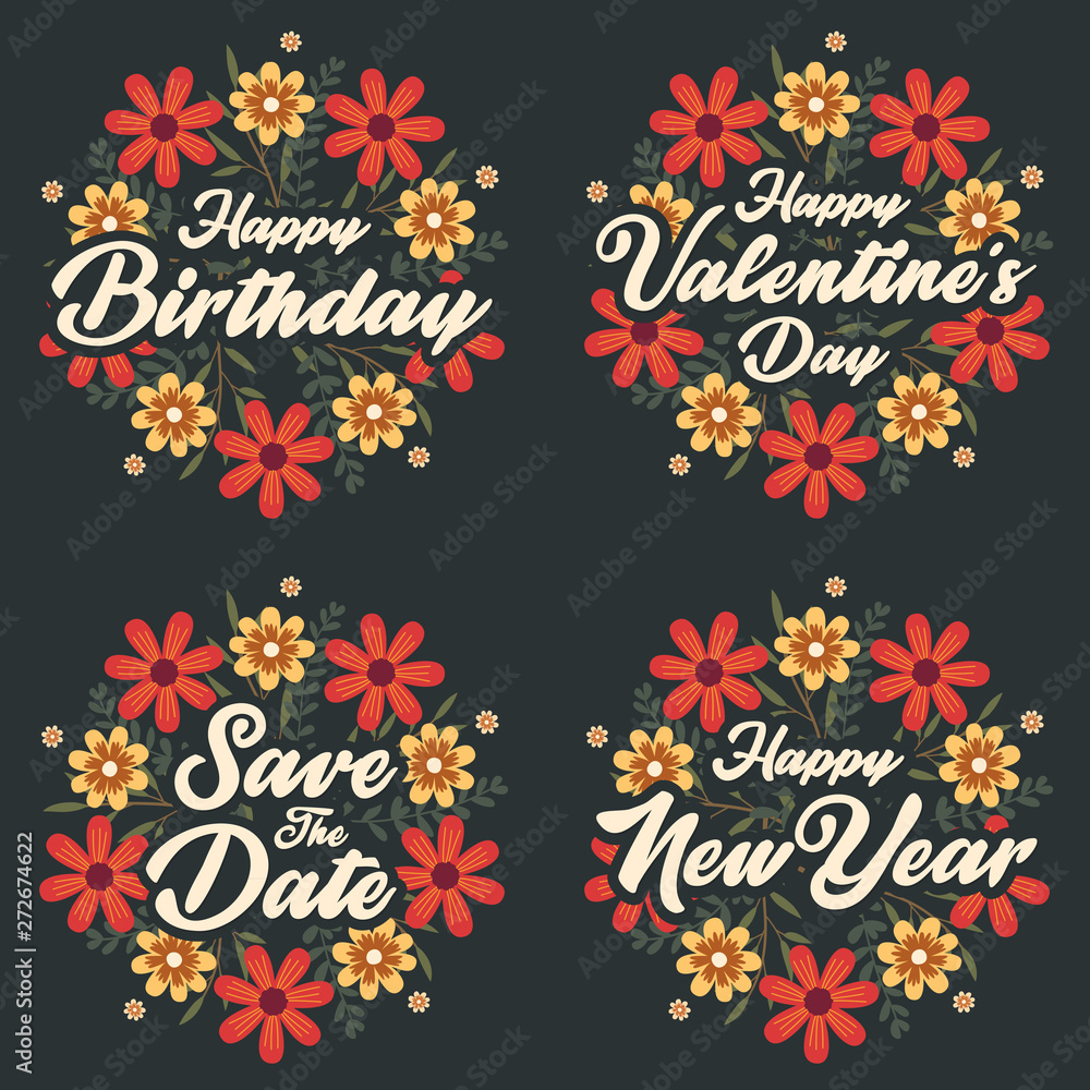 Greeting card template for happy birthday valentine's day and happy new year with flower wreath.