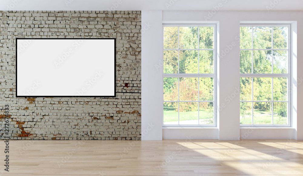 large luxury modern bright interiors with mock up poster frame illustration 3D rendering large luxury modern bright interiors with mock up poster frame illustration 3D rendering