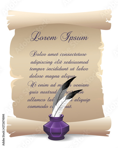 Old Inkwell with Feathers on the Scroll Background