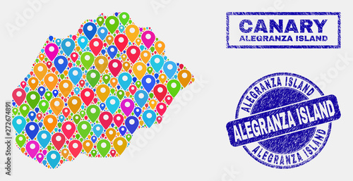 Vector bright mosaic Alegranza Island map and grunge stamp seals. Abstract Alegranza Island map is designed from scattered bright site icons. Stamp seals are blue, with rectangle and rounded shapes.