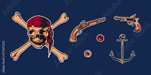 Pirate skull wearing bandana with crossbones and hand drawn sketch set illustration of buccaneer gun pistol and anchor. Vector filibuster drawing stickers isolated on navy background photo