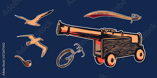 Hand drawn sketch pirate accessories set illustration. Vector filibuster drawing stickers isolated