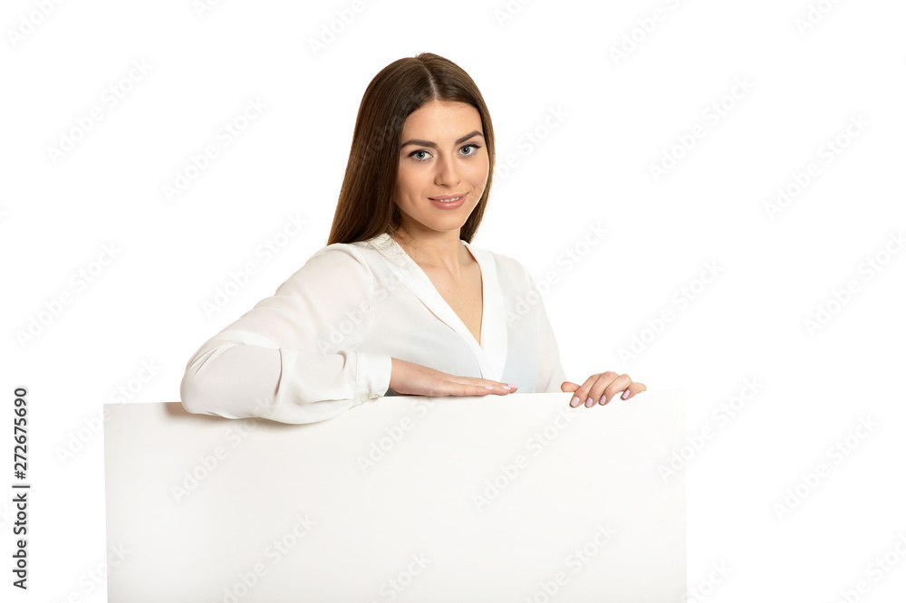 Woman and white signboard isolated on white background Woman and white signboard isolated on white background