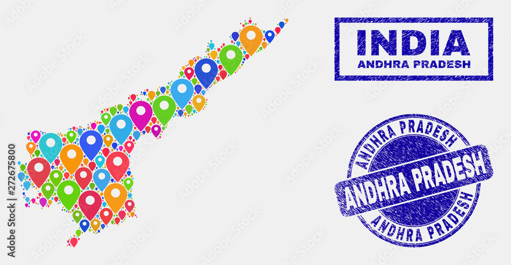 Vector bright mosaic Andhra Pradesh State map and grunge seals. Flat Andhra Pradesh State map is created from randomized colorful map markers. Stamp seals are blue, with rectangle and rounded shapes. Vector bright mosaic Andhra Pradesh State map and grunge seals. Flat Andhra Pradesh State map is created from randomized colorful map markers. Stamp seals are blue, with rectangle and rounded shapes.