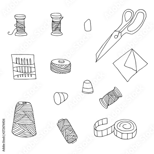 Hand drawn sewing objects collection. Handicraft sketch vector set. 