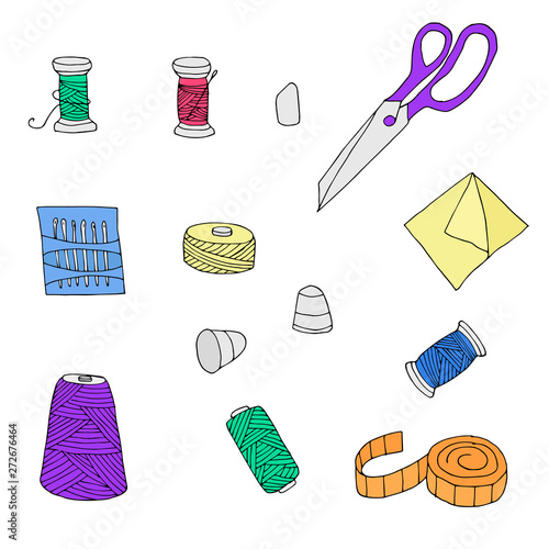 Hand drawn sewing objects collection. Handicraft vector set. 