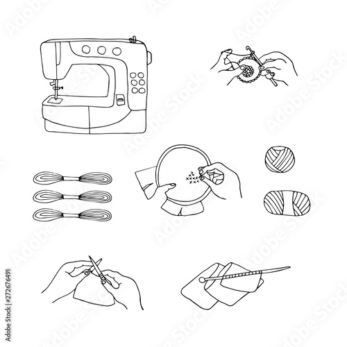 Hand drawn set of objects for sewing. Handicraft sketch colletcion.