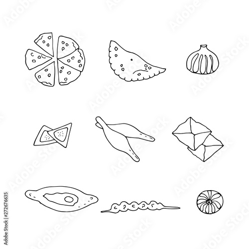 Hand drawn georgian tradition food. Sketch collection of the bakery products.