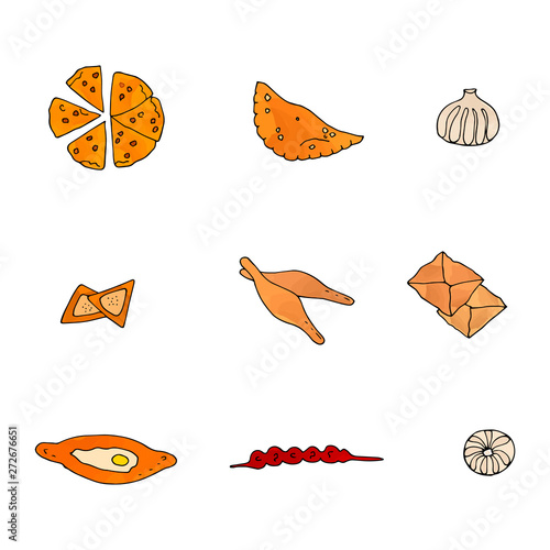 Georgian tradition food. Hand drawn color collection of the bakery products