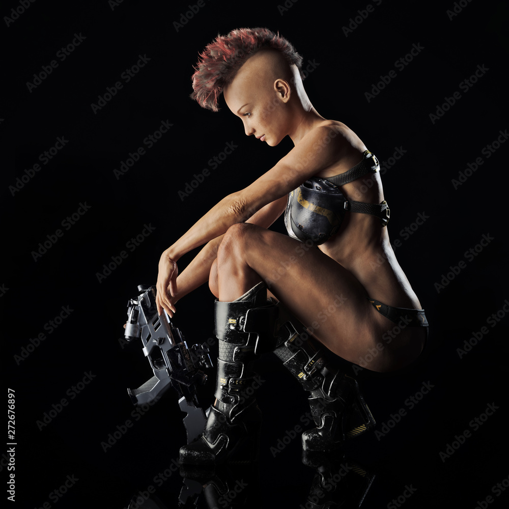 Side portrait of a futuristic sexy sci fi warrior female posing on a  reflective surface and black background. 3d rendering Stock Illustration |  Adobe Stock