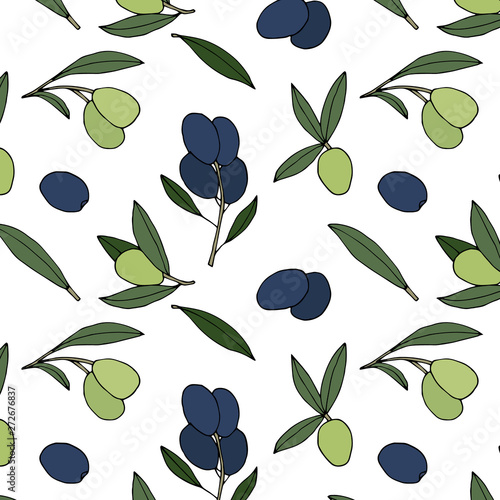 Olive branches vector pattern. Hand drawn oliva oil background.