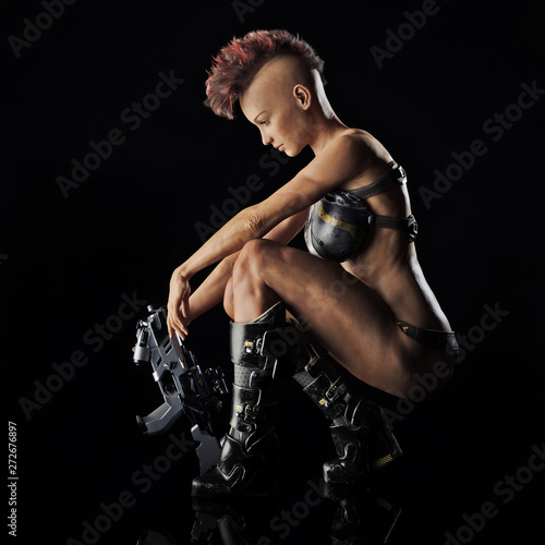 Side portrait of a futuristic sexy sci fi warrior female posing on a reflective surface and black background. 3d rendering