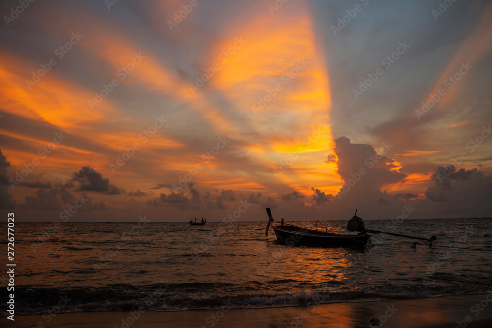 Good evening background sky and Thai boat, Beach near Phuket International Airport ,Bright in Phuket Thailand. Good evening background sky and Thai boat, Beach near Phuket International Airport ,Bright in Phuket Thailand.