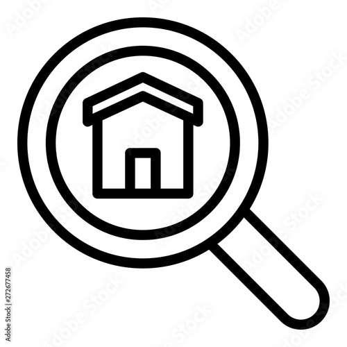 Magnifying glass and house icon. Outline magnifying glass and house vector icon for web design isolated on white background