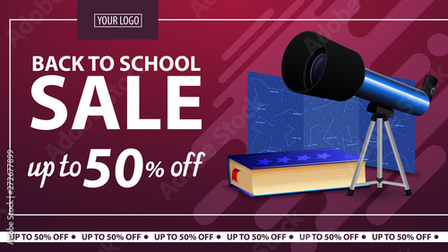 Back to school, discount horizontal web banner for online store with telescope, a map of the constellations and the encyclopedia of astronomy