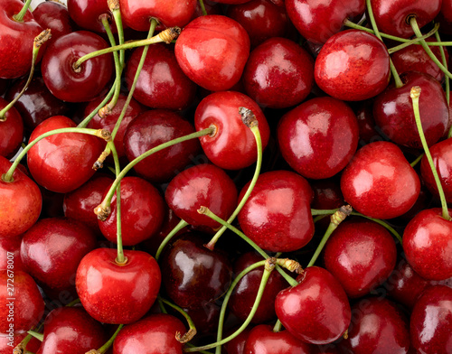 Ripe cherries background. The view of the top.