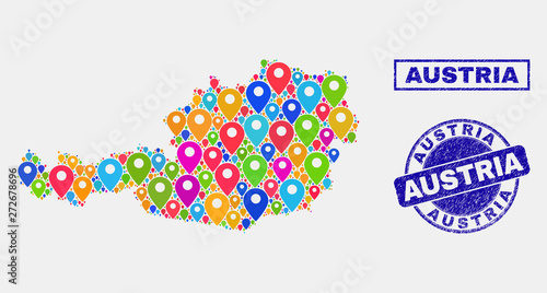 Vector colorful mosaic Austria map and grunge stamp seals. Flat Austria map is designed from scattered colorful map markers. Stamp seals are blue, with rectangle and round shapes.