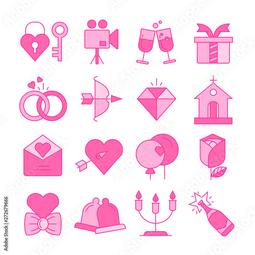 wedding and valentine icons set pink color theme
