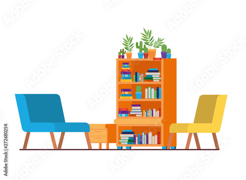 living room with couch and bookshelf of books