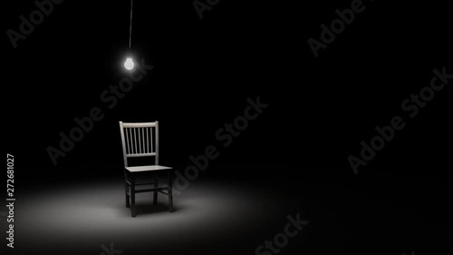 Animation of a single lightbulb over a metal chair in a dark black room