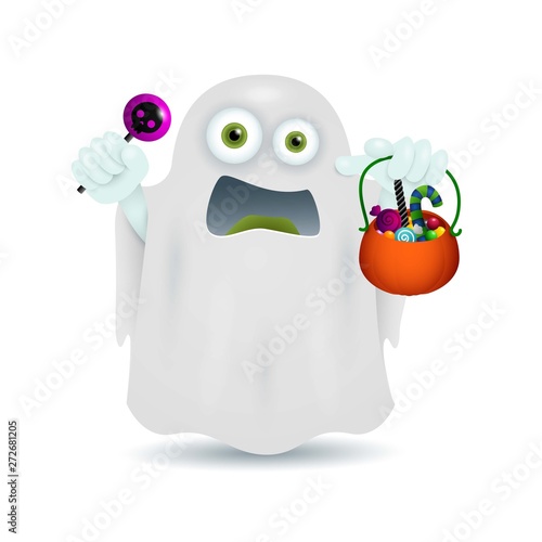 Ghost with bowl of candies. Scary Halloween monster with lollipop and pumpkin bucket of sweets. Can be used for topics like cartoon character, horror, fantasy