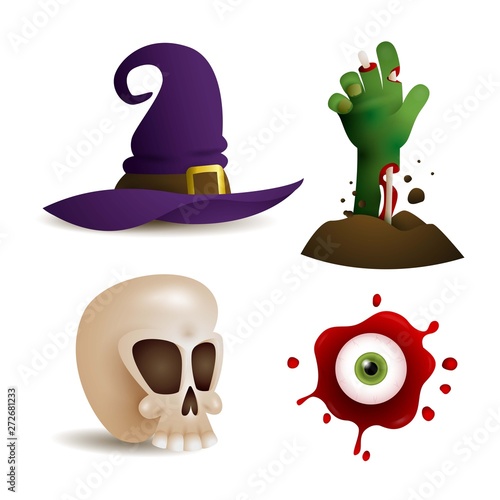 Spooky design elements for game. Witch hat, zombie hand, scull and eye ball. Can be used for topics like Halloween, scary movie, horror