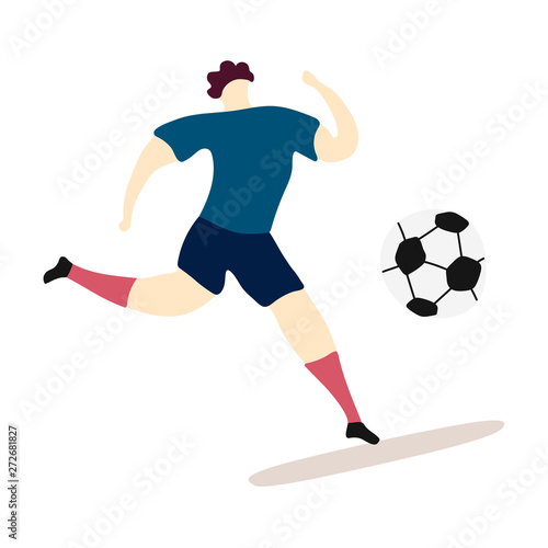 Football game hand drawn color illustration. Men in sportswear modern characters. Runing football player with ball. Football championship