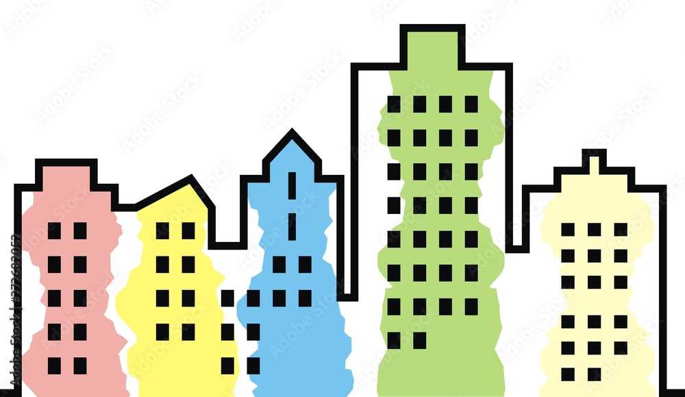 Multicolored town, colored plasters, vector illustration. Silhouette of colorful houses. Colored plasters on facades. Modern living in the city.
