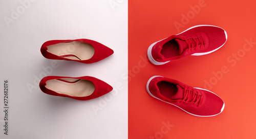 A studio shot of pair of running vs high heel shoes on color background. Flat lay.