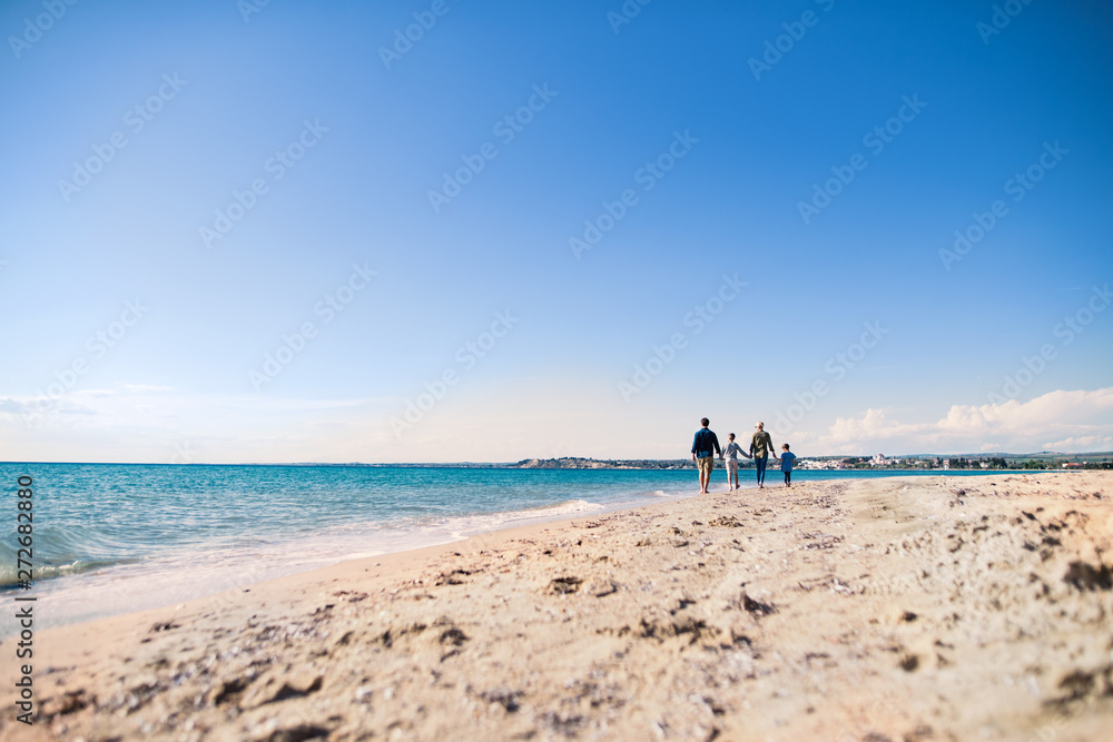 Rear view of young family with two small children walking outdoors on beach.