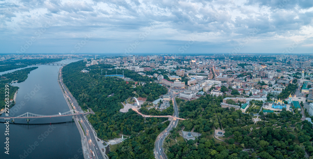 Fototapeta premium Aerial view of the new glass bridge in Kiev at night