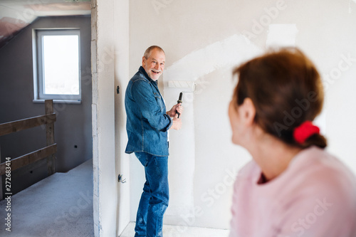 Senior couple painting walls in new home  relocation concept.