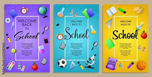 Back to school sale flyer design with alarm clock, microscope, globe and other supplies. Violet, blue, yellow posters set. Vector illustration can be used for banners, ads, signs