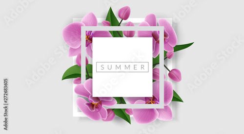 Simple geometric square frame with pink orchid flower and green leaf. Minimal vector illustration for wedding, romantic invitation background or tropical design template